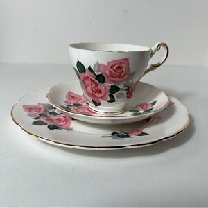 Regency Tea Cup Saucer Plate Bone China Trio Pink Rose Gold Trim England